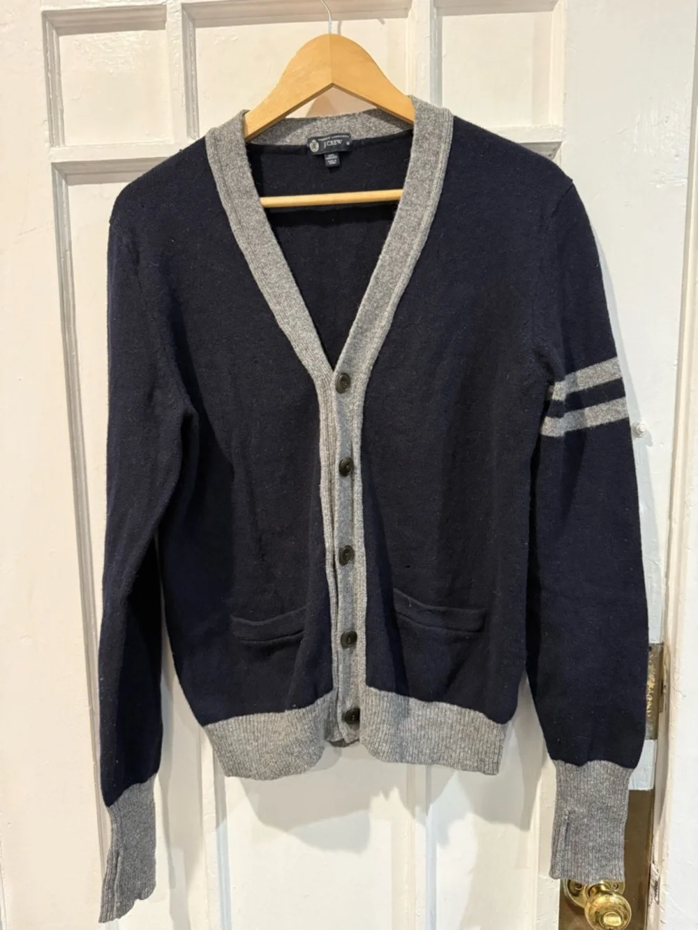 J. Crew Navy and Gray Lambswool Cardigan